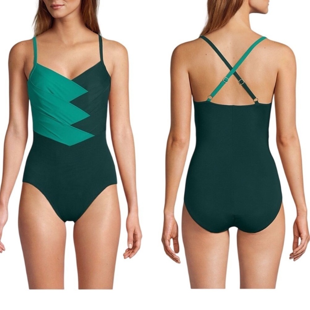 Lands' End Women's Slender Suit Pleated X-back One-Piece Swimsuit Size 18L
